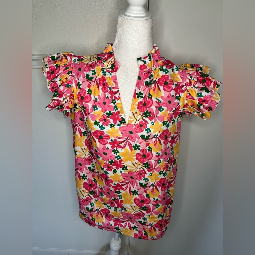 Kaktus Pink and Yellow Ruffled Short Sleeve Blouse 100% cotton size S